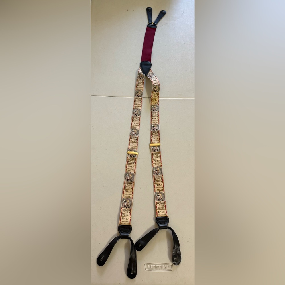 Tracy Negoshian Maroon Elastic with Vintage Ticket-Print Suspenders